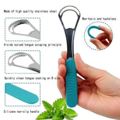 Picture of Double Layer Tongue Cleaner Tongue Scraper Reusable Stainless Steel Oral Mouth Brush Travel Case Gold Silver Non-slip Handle