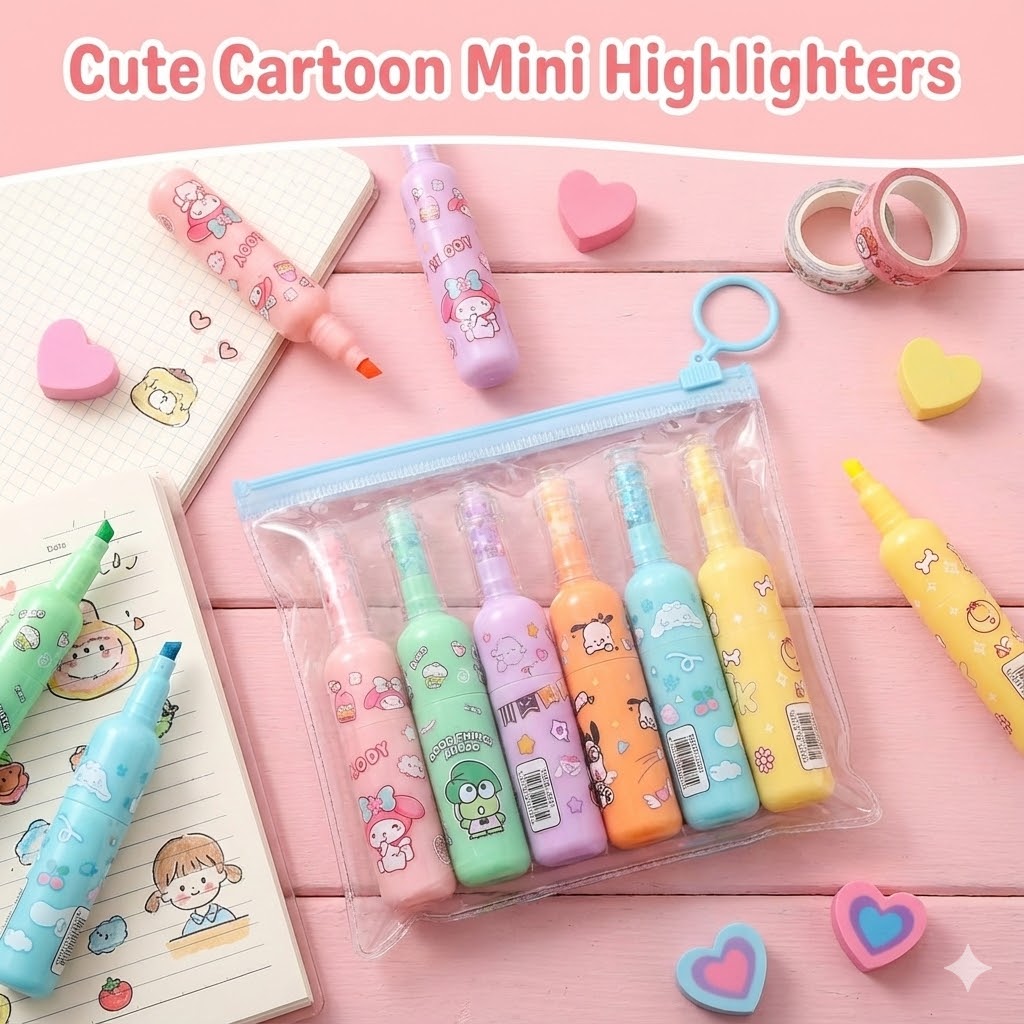 Picture of Mini Bottle Highlighters (Set of 6) - Cute Milk Bottle Shaped Marker Pens with Zipper Pouch (Kuromi Theme)