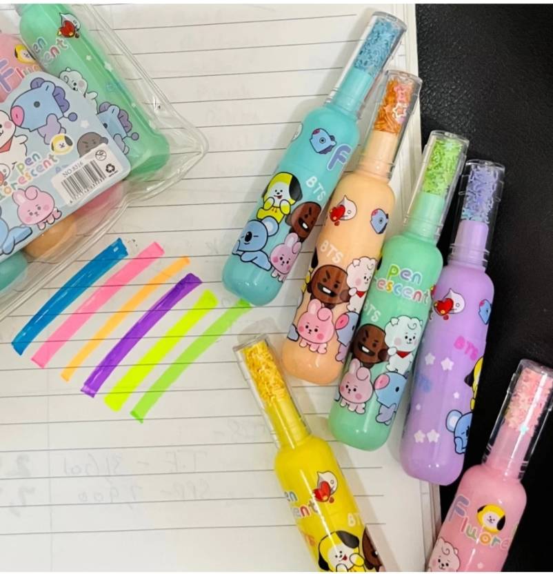 Picture of Mini Bottle Highlighters (Set of 6) - Cute Milk Bottle Shaped Marker Pens with Zipper Pouch (Kuromi Theme)