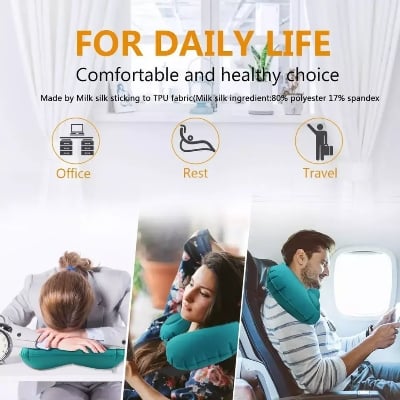 Picture of 04 Pcs/set Soft Auto Inflatable Travel Neck Pillow Folding U-Shaped headrest + Eye Masks + Ear buds + Pouch Bag Foldable Soft Travel Pillow Massage for Sleeping Airplane Car