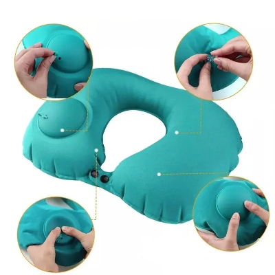 Picture of 04 Pcs/set Soft Auto Inflatable Travel Neck Pillow Folding U-Shaped headrest + Eye Masks + Ear buds + Pouch Bag Foldable Soft Travel Pillow Massage for Sleeping Airplane Car