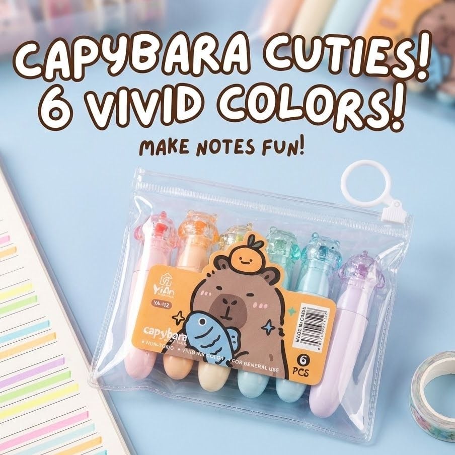 Picture of apybara Mini Highlighters (Set of 6) - Cute Kawaii Capsule Marker Pens for School, Journaling & Gift