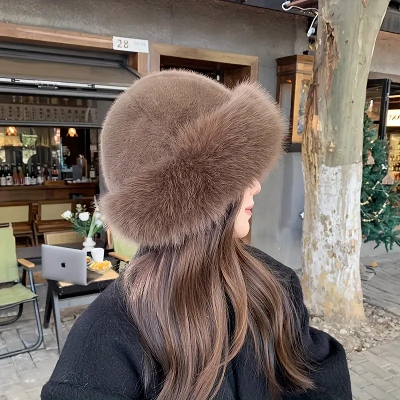 Picture of Autumn Winter Women's Plush Thickened Warm Bucket Hat Fashionable Versatile Beanie with Leopard Print Ear Protection