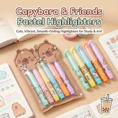 Picture of Mini Bear Highlighters (Set of 6) - Cute Capsule Shaped Marker Pens with Bubble Tea Theme for School & Journaling