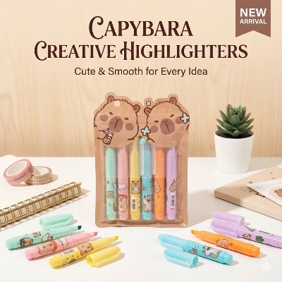 Picture of Mini Bear Highlighters (Set of 6) - Cute Capsule Shaped Marker Pens with Bubble Tea Theme for School & Journaling