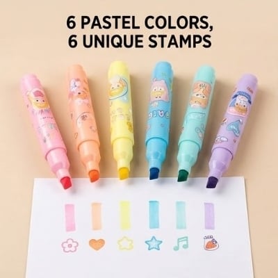 Picture of Tianhao Dual-Tip Stamp Highlighters (Model H710) - Set of 6 Pastel Marker Pens with Cute Seals - 'I'm So Pretty' Series
