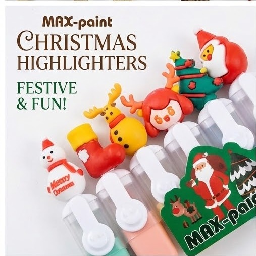 Picture of Christmas Theme Mini Highlighters (Set of 6) - Santa & Snowman Topper Marker Pens in Zipper Pouch for Kids Gift