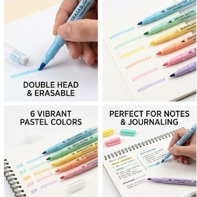 Picture of Erasable Highlighters (Model No. 957) - Set of 6 Pastel Dual-Tip Marker Pens - Correct Mistakes Easily