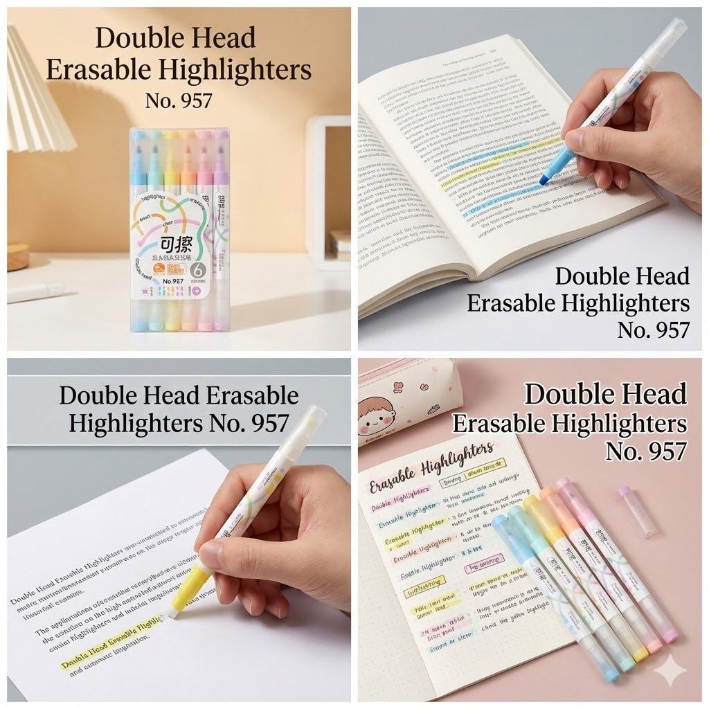 Picture of Erasable Highlighters (Model No. 957) - Set of 6 Pastel Dual-Tip Marker Pens - Correct Mistakes Easily
