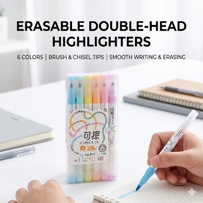 Picture of Erasable Highlighters (Model No. 957) - Set of 6 Pastel Dual-Tip Marker Pens - Correct Mistakes Easily