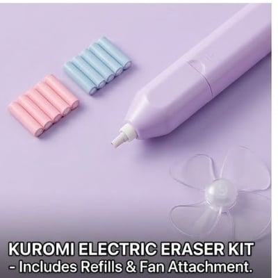 Picture of Sanrio Kuromi 2-in-1 Electric Eraser with Mini Fan - Battery Operated Automatic Rubber for Kids & Artists Cute Kuromi Gadget - Electric Eraser with Built-in Cooling Fan