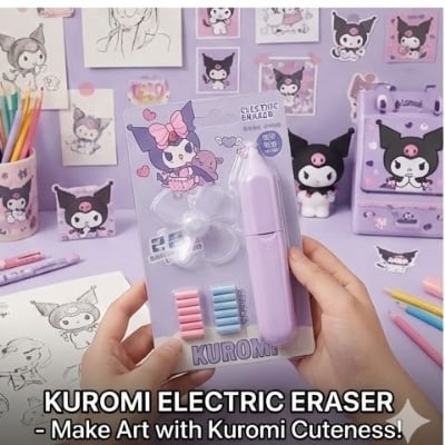 Picture of Sanrio Kuromi 2-in-1 Electric Eraser with Mini Fan - Battery Operated Automatic Rubber for Kids & Artists Cute Kuromi Gadget - Electric Eraser with Built-in Cooling Fan