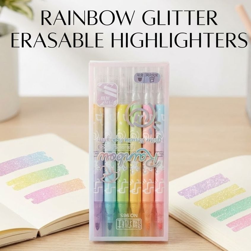 Picture of Rainbow Glitter Erasable Highlighters (Model NO. 985) - Set of 6 Shimmering Marker Pens with Eraser Tip,Sparkling Erasable Markers - Rainbow & Music Theme Stationery