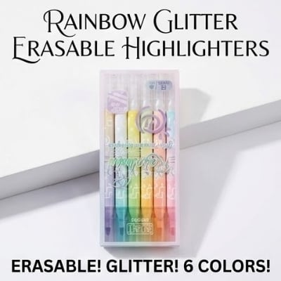 Picture of Rainbow Glitter Erasable Highlighters (Model NO. 985) - Set of 6 Shimmering Marker Pens with Eraser Tip,Sparkling Erasable Markers - Rainbow & Music Theme Stationery