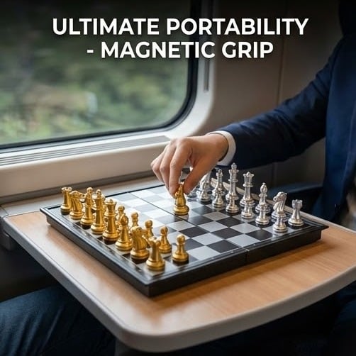 Picture of Magnetic Foldable Chess Set - Gold & Silver Pieces - Portable Board Game for Travel & Kids,Premium Magnetic Chess Set - Foldable & Portable Toy