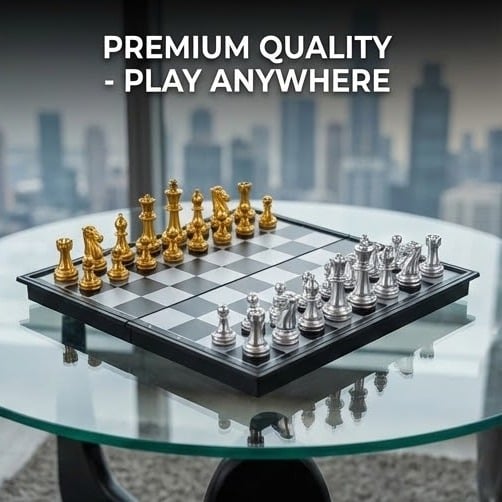 Picture of Magnetic Foldable Chess Set - Gold & Silver Pieces - Portable Board Game for Travel & Kids,Premium Magnetic Chess Set - Foldable & Portable Toy