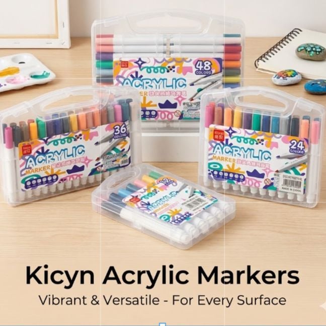 Picture of Kicyn 48 Colors Acrylic Marker Set (NO. 808) - Soft Tip Water-Based Paint Pens for Rock, Wood, Glass & DIY,Premium 48pc Acrylic Paint Pens - Multi-Surface Markers for Artists(12/24/36/48)