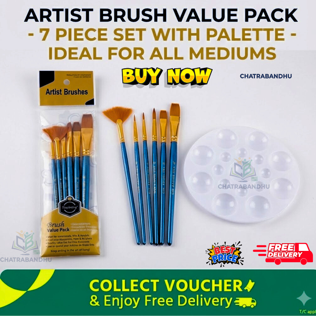 Picture of Artist Brush Value Pack - 7 Pcs Paint Brushes with Mixing Palette for Acrylic & Watercolor Complete Art Set - 7 Blue Handle Brushes + Palette (Ideal for All Mediums)