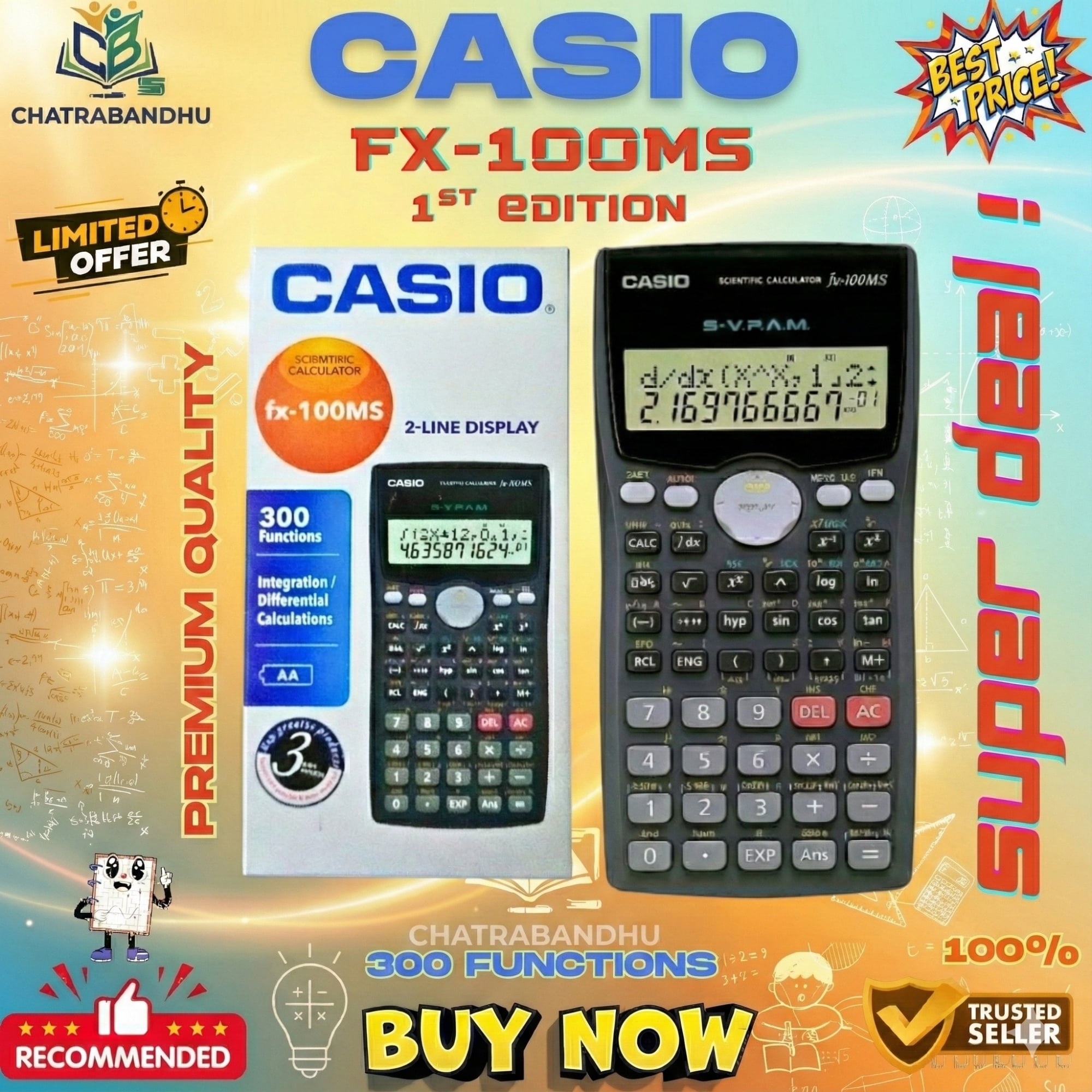 Picture of FX 100MS Scientific Calculator, Calculator (1st edition)(thailand variant)l– 300 Functions  – Non-Programmable – Exam Use Model, Calculator for students
