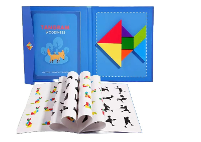 Picture of Magnetic Wooden Tangram Puzzle Book - Educational Brain Teaser Toy for Kids & Adults - Travel Friendly Logic Game
