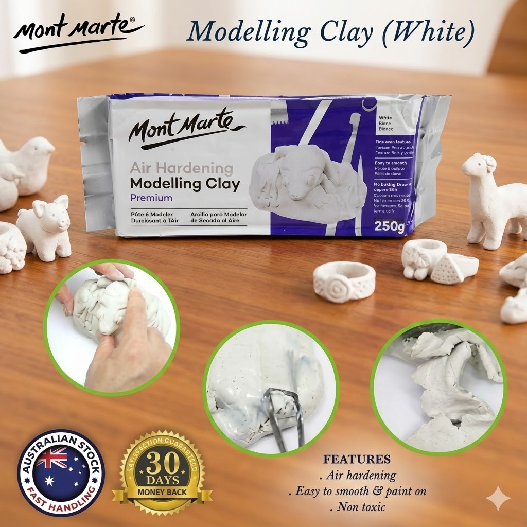 Picture of Mont Marte Premium Air Hardening Modelling Clay - White 250g - No Bake Pottery Clay Mont Marte Air Dry Clay - 250g White  Best DIY Craft Clay - Mont Marte Air Hardening (No Oven Needed)-250