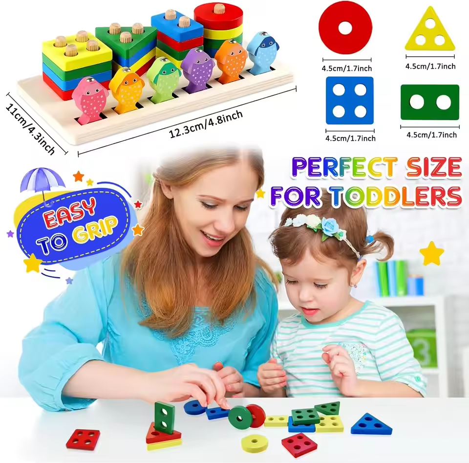 Picture of Wooden Stacking Toys, Shape Sorting Board & Wooden Toddler Fishing Toys, Shape Color Recognition Blocks Matching Puzzle Preschool Learning Toys for Kids Boys & Girls