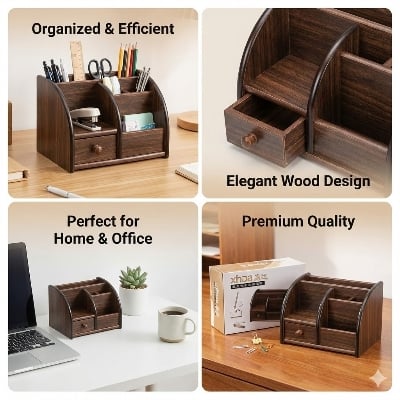 Picture of Xinda Wooden Desk Organizer & Pen Holder - Multifunctional MDF Office Stationery Stand for Mobile & Cards (BIG SIZE)