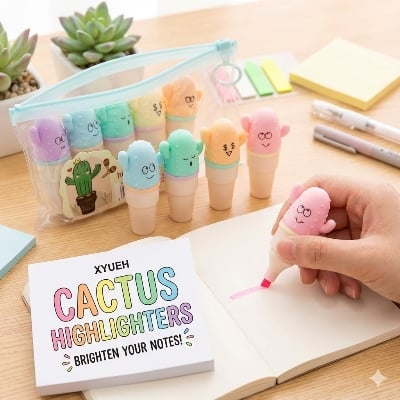 Picture of XYUEH Cactus Mini Highlighters (Set of 6) - Model XYH-3175 - Cute Capsule Marker Pens for School & Journaling