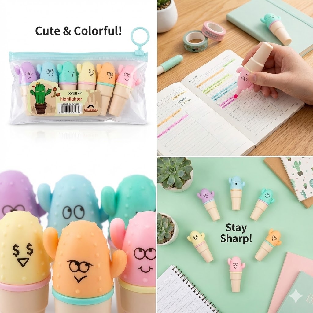 Picture of XYUEH Cactus Mini Highlighters (Set of 6) - Model XYH-3175 - Cute Capsule Marker Pens for School & Journaling