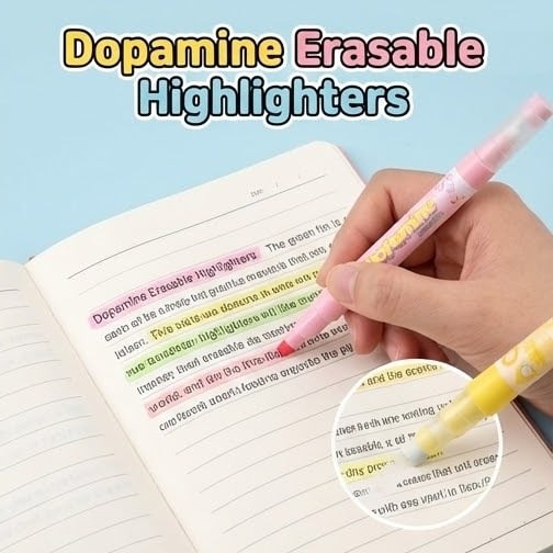 Picture of Dofamine Erasable Highlighters (Model 955) - Set of 6 Pastel Color Dual-Tip Marker Pens - Dopamine Series