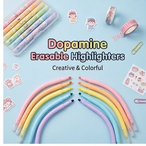 Picture of Dofamine Erasable Highlighters (Model 955) - Set of 6 Pastel Color Dual-Tip Marker Pens - Dopamine Series