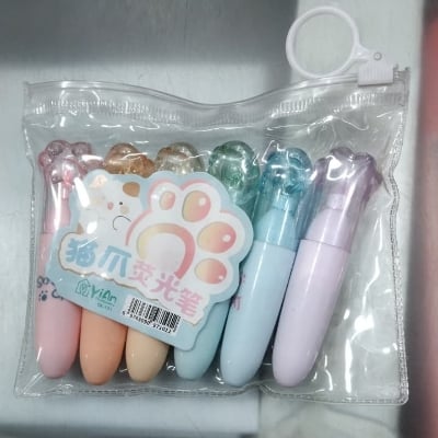 Picture of Cat Paw Mini Highlighters (Set of 6) - Cute Capsule Shaped Marker Pens with Chisel Tip for School & Journaling