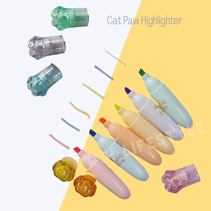 Picture of Cat Paw Mini Highlighters (Set of 6) - Cute Capsule Shaped Marker Pens with Chisel Tip for School & Journaling