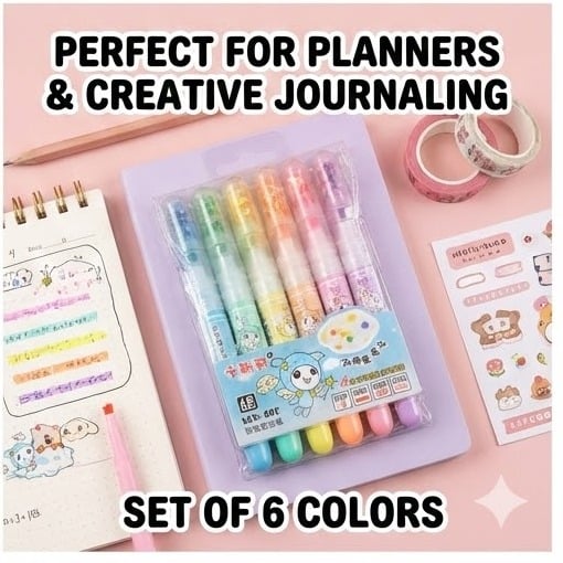 Picture of KLS-602 Star Tip Highlighters (Set of 6) - 4-in-1 Multi-Function Pastel Markers with Glitter Cap