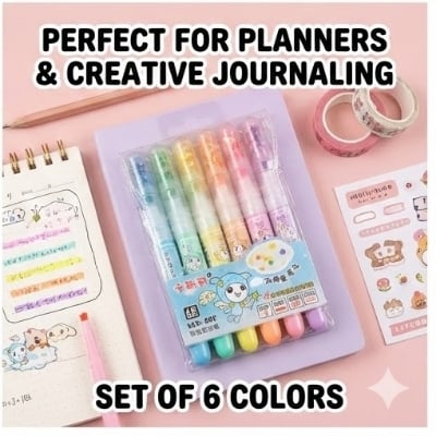 Picture of KLS-602 Star Tip Highlighters (Set of 6) - 4-in-1 Multi-Function Pastel Markers with Glitter Cap