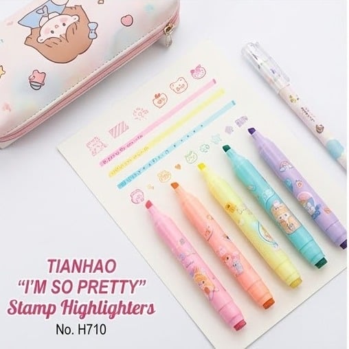 Picture of Tianhao Dual-Tip Stamp Highlighters (Model H710) - Set of 6 Pastel Marker Pens with Cute Seals - 'I'm So Pretty' Series