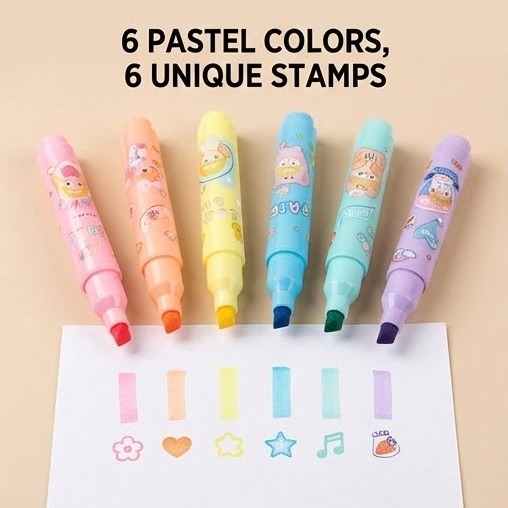 Picture of Tianhao Dual-Tip Stamp Highlighters (Model H710) - Set of 6 Pastel Marker Pens with Cute Seals - 'I'm So Pretty' Series