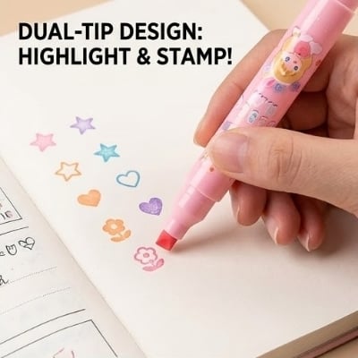 Picture of Tianhao Dual-Tip Stamp Highlighters (Model H710) - Set of 6 Pastel Marker Pens with Cute Seals - 'I'm So Pretty' Series