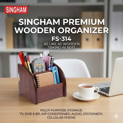 Picture of Full Title: Singham Wooden Style Desk Organizer & Pen Holder (FS-314) - Multifunctional Office Stationery Stand for Mobile & Remote