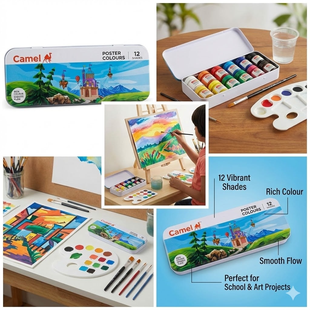 Picture of Camel Student Poster Colours 12 Shades (10ml) - Metal Tin Box Packaging - Kokuyo Camlin Indian Art Paint for Kids