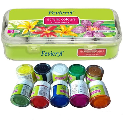 Picture of PREMIUM Fevicryl Acrylic Colours Sunflower Kit (10 Shades x 15ml) - DIY Fabric & Multi-Surface Painting Set-10/15ml