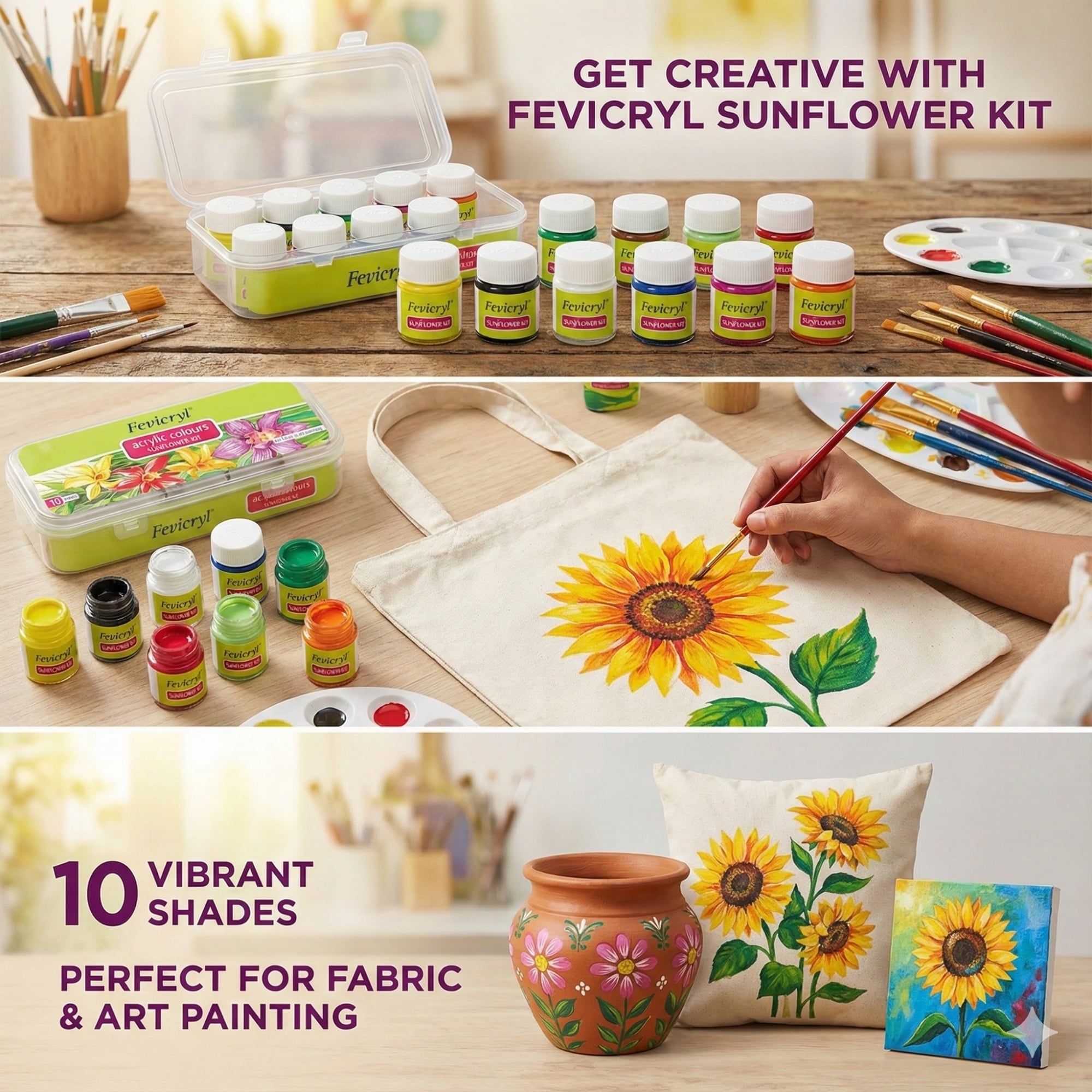 Picture of PREMIUM Fevicryl Acrylic Colours Sunflower Kit (10 Shades x 15ml) - DIY Fabric & Multi-Surface Painting Set-10/15ml