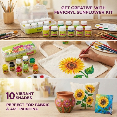 Picture of PREMIUM Fevicryl Acrylic Colours Sunflower Kit (10 Shades x 15ml) - DIY Fabric & Multi-Surface Painting Set-10/15ml