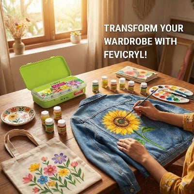 Picture of PREMIUM Fevicryl Acrylic Colours Sunflower Kit (10 Shades x 15ml) - DIY Fabric & Multi-Surface Painting Set-10/15ml