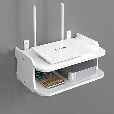 Picture of WiFi Router Storage Box Wall-Mounted WiFi Shelf Wireless Cat WiFi Box Non-Porous Wall-Mounted Set-top Box Shelf WiFi Router Shelf TV Top Shelf - White