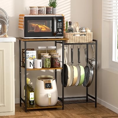 Picture of Kitchen Stand with Pots Rack, Utility Microwave Oven Stand with Storage, 5 Tiers Coffee Bar Table, Small Kitchen Bakers Rack with 6 S Hooks, Kitchen Storage Shelf Rack for Spices, Pots, Rustic Brown - Black