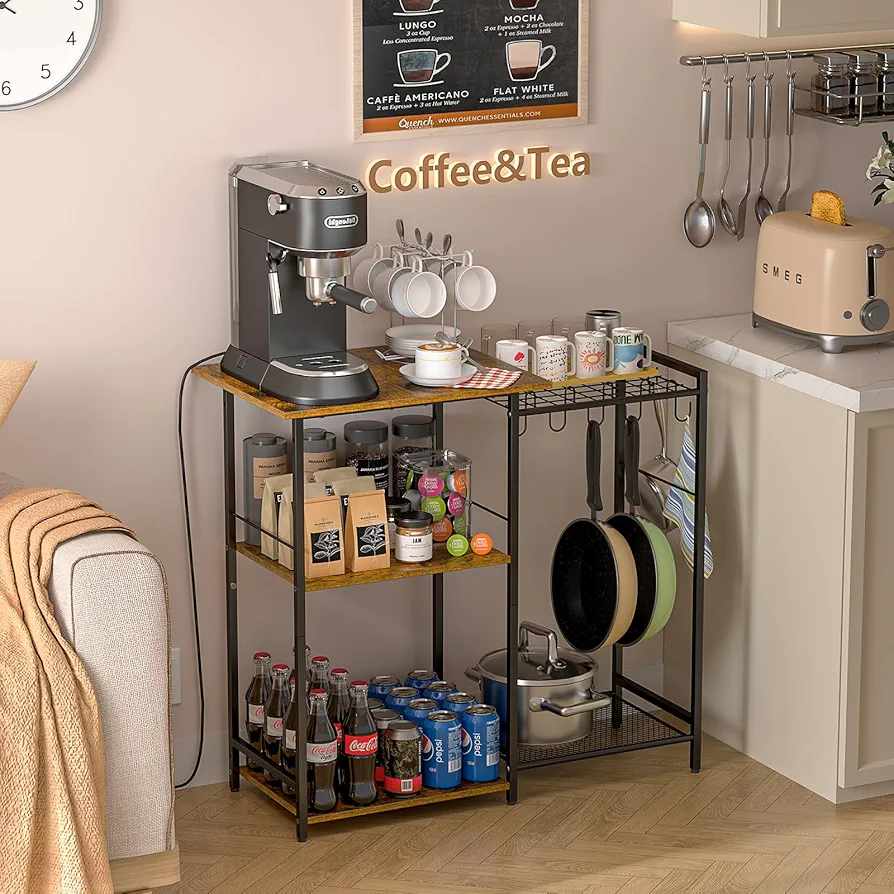 Picture of Kitchen Stand with Pots Rack, Utility Microwave Oven Stand with Storage, 5 Tiers Coffee Bar Table, Small Kitchen Bakers Rack with 6 S Hooks, Kitchen Storage Shelf Rack for Spices, Pots, Rustic Brown - Black