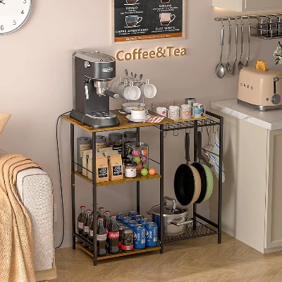 Picture of Kitchen Stand with Pots Rack, Utility Microwave Oven Stand with Storage, 5 Tiers Coffee Bar Table, Small Kitchen Bakers Rack with 6 S Hooks, Kitchen Storage Shelf Rack for Spices, Pots, Rustic Brown - Black