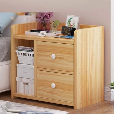 Picture of Bedside Table Modern Simple Solid Wood Storage Cabinet Bedroom Bedside Shelf with 2 Storage Drawers Economical and Practical Nightstand