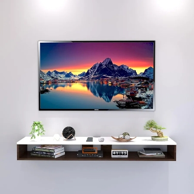 Picture of Wall Mounted TV Unit, Cabinet, with TV Stand Unit Wall Shelf for Living Room/Engineered Wood TV Entertainment Unit Set Top Box Stand/TV Cabinet (90 White Walnut - Black